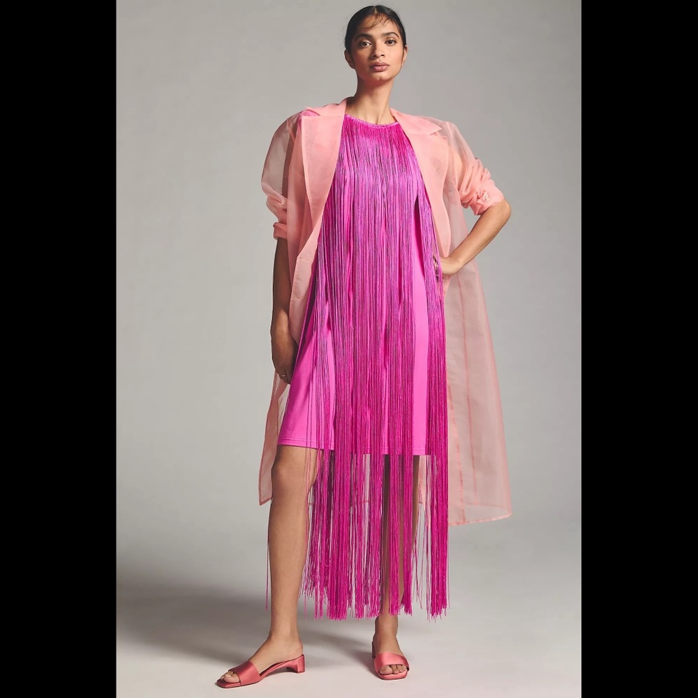 Anthropologie Hot Pink Fringe Midi Dress with Sheer Blush Duster
